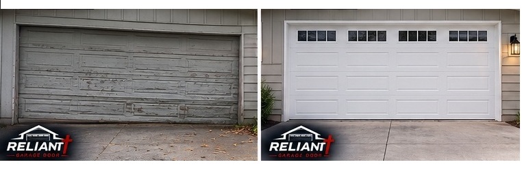 Before and after weathered garage door replacement