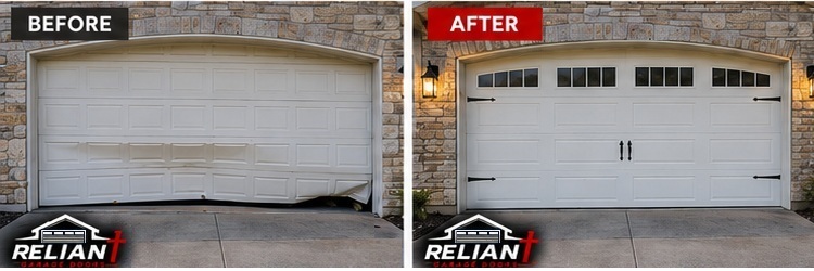 Before and after damaged garage door replacement