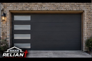 Modern black garage door with horizontal windows