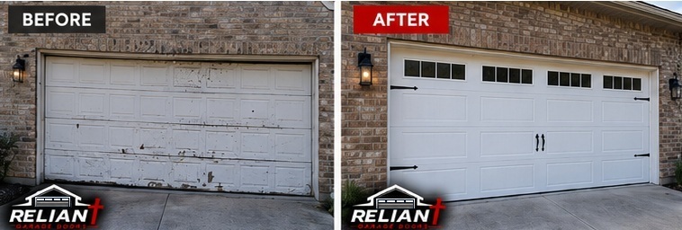 Before and after white carriage-house garage door replacement