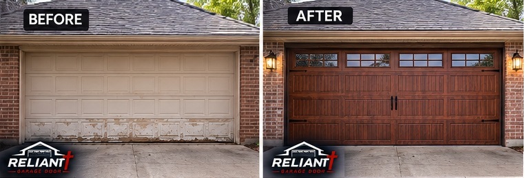 Before and after: worn white garage door replaced with a wood-look carriage house door
