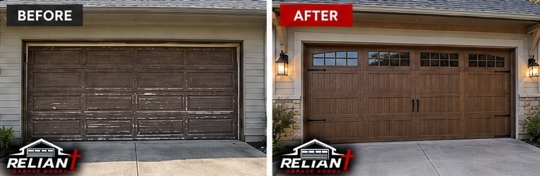 Before and after wood-look garage door remodel